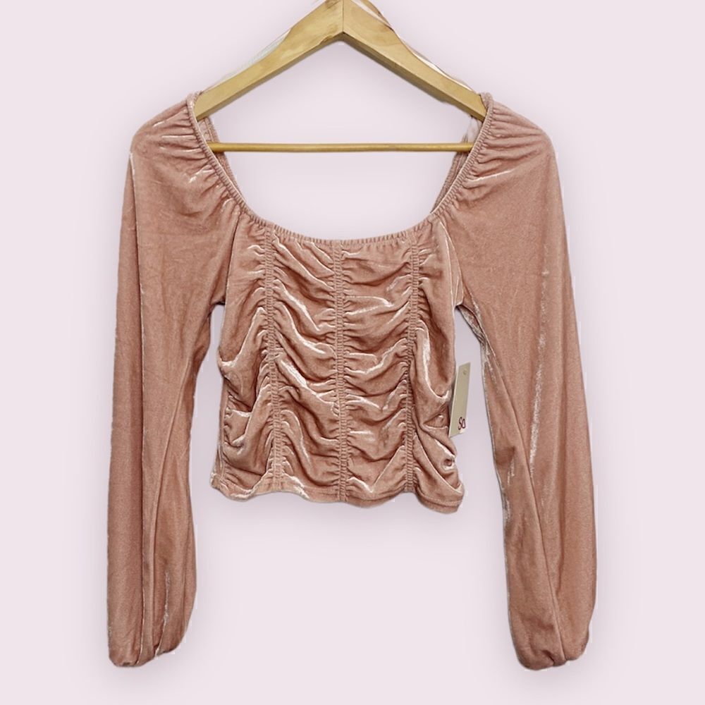 SO Ruched Velvet Long Sleeve Top Pink Size Medium